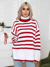 Load image into Gallery viewer, Womens Sweater-Striped Slit Turtleneck Drop Shoulder Sweater