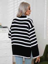 Load image into Gallery viewer, Womens Sweater-Striped Slit Turtleneck Drop Shoulder Sweater