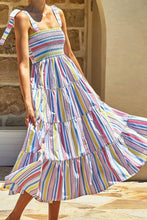 Load image into Gallery viewer, Womens Dress-Striped Tie-Shoulder Smocked Tiered Dress | Dress