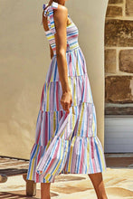 Load image into Gallery viewer, Womens Dress-Striped Tie-Shoulder Smocked Tiered Dress | Dress