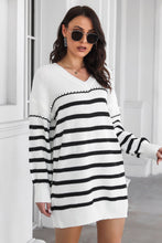 Load image into Gallery viewer, Womens Sweater Dress-Striped V-Neck Drop Shoulder Sweater Dress