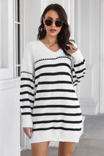 Load image into Gallery viewer, Womens Sweater Dress-Striped V-Neck Drop Shoulder Sweater Dress