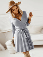 Load image into Gallery viewer, Womens Sweater Dress-Surplice Neck Tie Front Pleated Sweater Dress