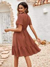 Load image into Gallery viewer, Womens Dress-Swiss Dot V-Neck Openwork Puff Sleeve Dress | Dress