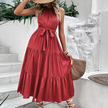 Load image into Gallery viewer, Womens Dress-Tie Tiered Belted Waist Midi Dress