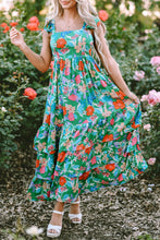 Load image into Gallery viewer, Green Floral Print Sleeveless Ruffle Tiered Maxi Dress | Dresses/Floral Dresses
