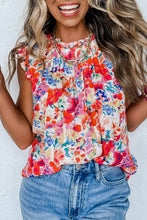 Load image into Gallery viewer, Red Frilled Neck Pleated Boho Floral Tank Top | Tops/Tank Tops
