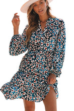 Load image into Gallery viewer, Blue Leopard Print Bubble Sleeve Ruffled Shirt Dress
