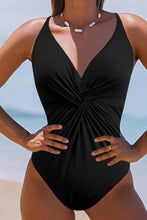 Load image into Gallery viewer, Black V Neck Twist Ruched Crisscross Backless One-Piece Swimsuit | Swimwear/One Piece Swimsuit
