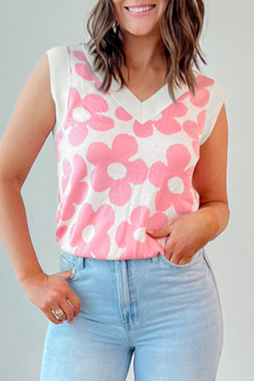 V Neck Tank Top | Pink Cute Flower Knitted Tank