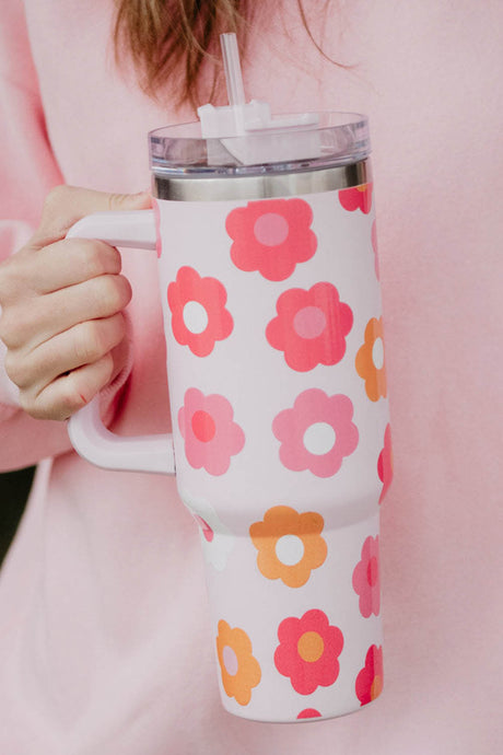 Multicolor Flower Print Handled Stainless Steel Vacuum Cup 40oz | Accessories/Tumblers