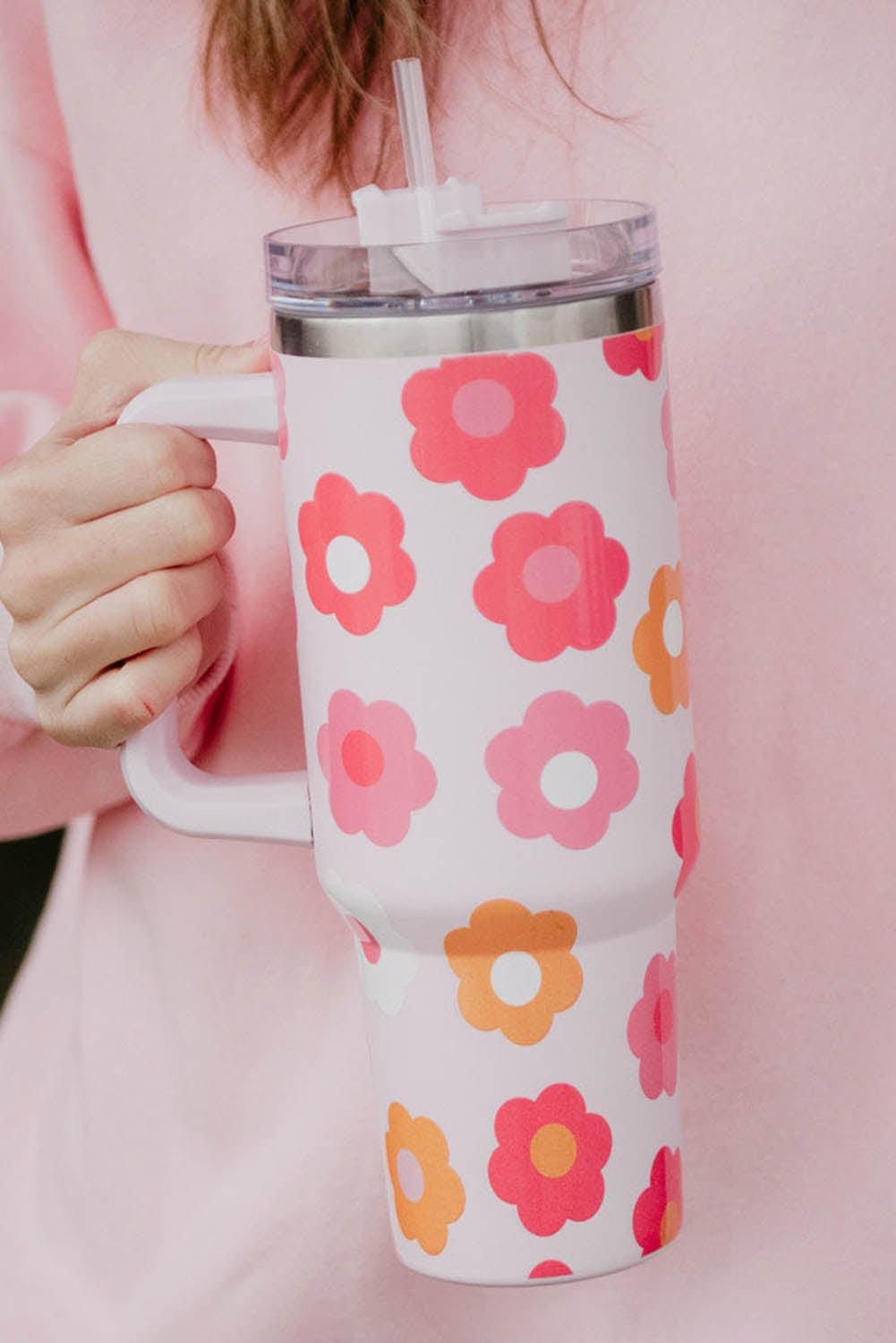 Multicolor Flower Print Handled Stainless Steel Vacuum Cup 40oz | Accessories/Tumblers