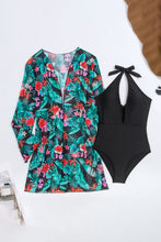 Load image into Gallery viewer, Two Piece Swim Set | Black Halter with Floral Beach Cover Up
