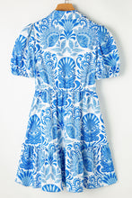 Load image into Gallery viewer, Sky Blue Retro Floral Print Drawstring Waist Ruffled Mini Dress
