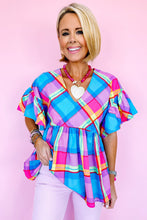 Load image into Gallery viewer, Babydoll Top | Sky Blue Colorful Plaid V Neck Ruffled Short Sleeve Blouse
