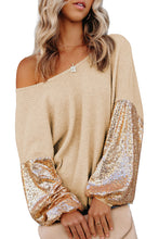 Load image into Gallery viewer, Waffle Knit Top | Apricot Sequin Patchwork Sleeve Open Back
