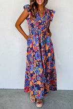 Load image into Gallery viewer, Dark Blue Boho Floral V Neck Ruffle Tiered Long Dress
