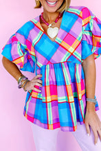 Load image into Gallery viewer, Babydoll Top | Sky Blue Colorful Plaid V Neck Ruffled Short Sleeve Blouse
