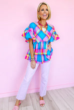 Load image into Gallery viewer, Babydoll Top | Sky Blue Colorful Plaid V Neck Ruffled Short Sleeve Blouse
