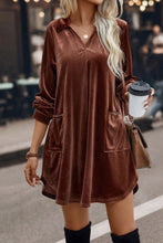 Load image into Gallery viewer, Coffee Collared V Neck Two Pockets Shift Velvet Dress

