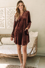 Load image into Gallery viewer, Coffee Collared V Neck Two Pockets Shift Velvet Dress
