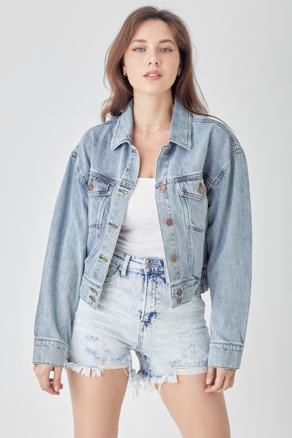 RISEN Denim Jacket | Full Size Button Cropped Denim Jacket