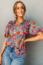 Load image into Gallery viewer, Red Floral Tie Split Neck Ruffle Puff Sleeve Blouse | Tops/Blouses &amp; Shirts
