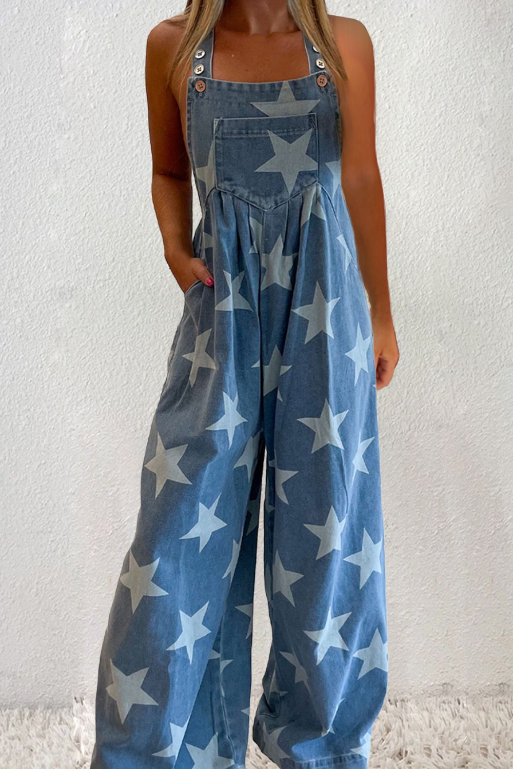 Denim Overalls | Star Square Neck Wide Leg Overalls