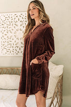 Load image into Gallery viewer, Coffee Collared V Neck Two Pockets Shift Velvet Dress
