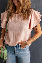 Load image into Gallery viewer, Pink Textured Tiered Ruffled Short Sleeve Blouse | Tops/Blouses &amp; Shirts
