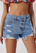 Load image into Gallery viewer, Sky Blue High Rise Crossover Waist Denim Shorts | Bottoms/Denim Shorts

