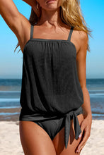 Load image into Gallery viewer, Black Striped Mesh Knotted Hem Tankini Swimsuit | Swimwear/Tankinis
