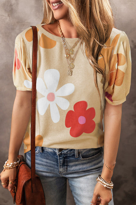 Apricot Flower Print Bubble Sleeve Tee | Tops/Tops & Tees