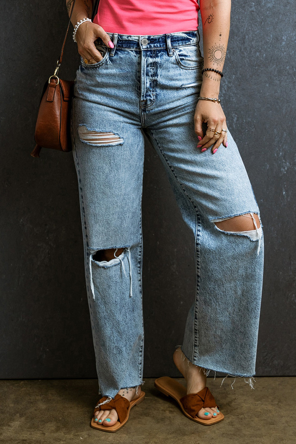 Blue Jeans | Distressed Raw Hem Straight Blue Jeans