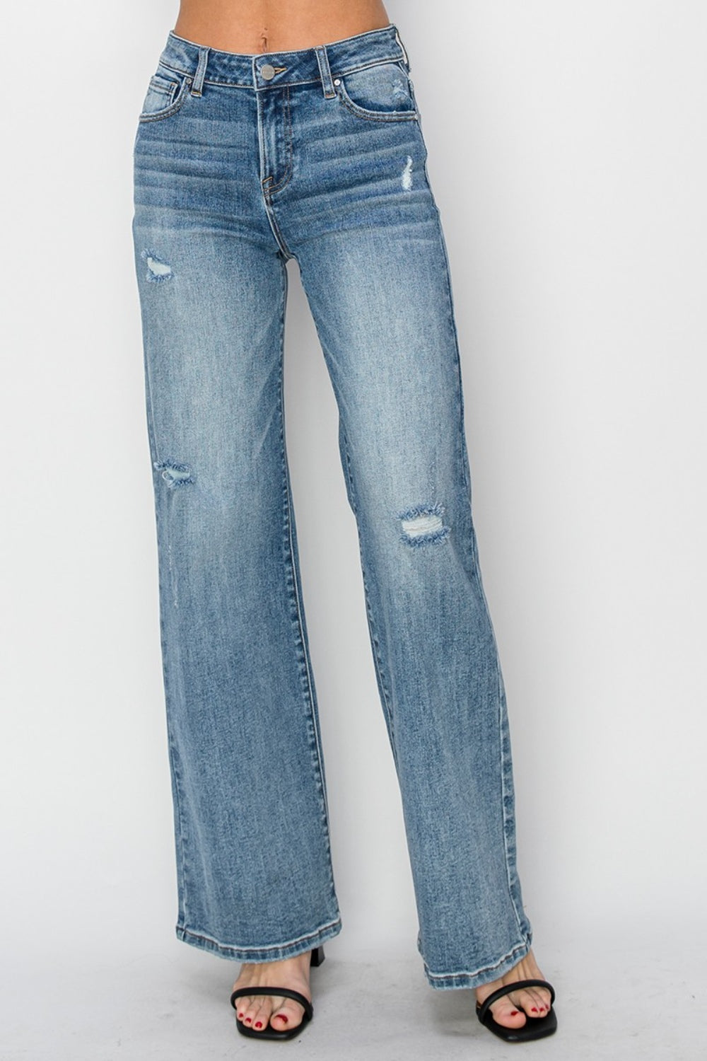 RISEN Wide Leg Jeans | High Waist Distressed Blue Jeans