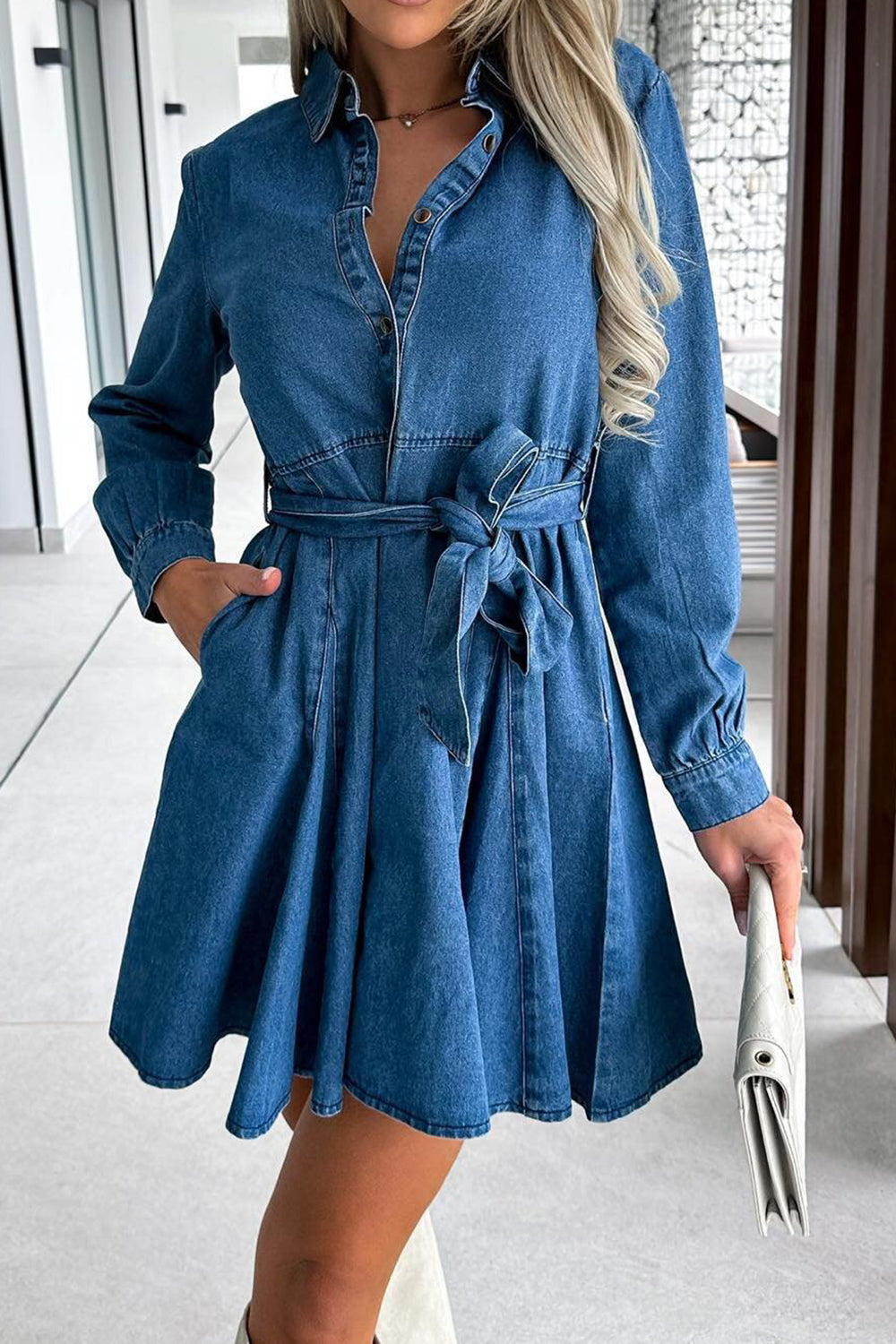 Tied Half Button Denim Dress