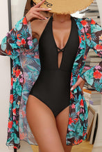 Load image into Gallery viewer, Two Piece Swim Set | Black Halter with Floral Beach Cover Up
