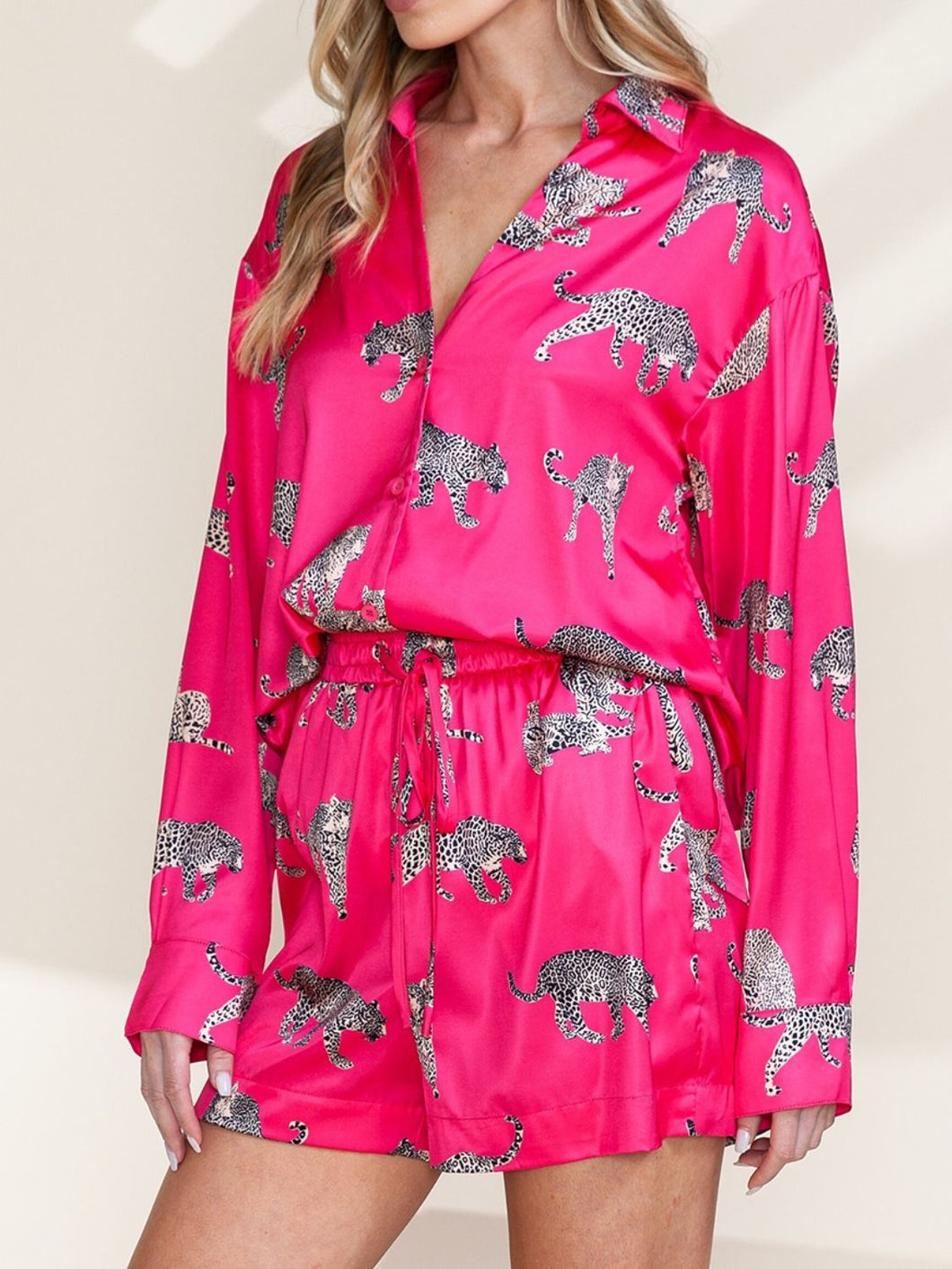 Pink LoungeWear Set | Animal Button Up Shirt Shorts Set