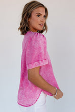 Load image into Gallery viewer, Bright Pink Mineral Wash Split Neck Pocket Patched Denim Top
