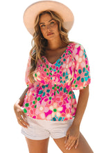 Load image into Gallery viewer, Pink Boho Flower Print Puff Sleeve Peplum Top | Tops/Tops &amp; Tees
