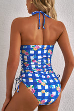 Load image into Gallery viewer, Blue Folk Gingham Halter Ruched Bodice Drawstring Ties One Piece Swimwear
