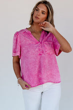 Load image into Gallery viewer, Bright Pink Mineral Wash Split Neck Pocket Patched Denim Top
