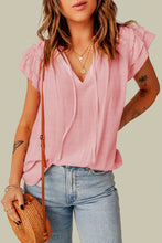 Load image into Gallery viewer, Pink Tiered Ruffled Drawstring V Neck Top | Tops/Tops &amp; Tees
