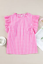 Load image into Gallery viewer, Ruffled Sleeve Top | Rose Red Checkered Blouse
