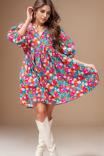 Load image into Gallery viewer, Womens Mini Dress-Floral Tie Neck Puff Sleeve Mini Dress | Dress
