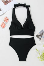 Load image into Gallery viewer, Black Sheer Mesh Edged Halter V Neck Push Up Bikini
