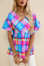 Load image into Gallery viewer, Babydoll Top | Sky Blue Colorful Plaid V Neck Ruffled Short Sleeve Blouse

