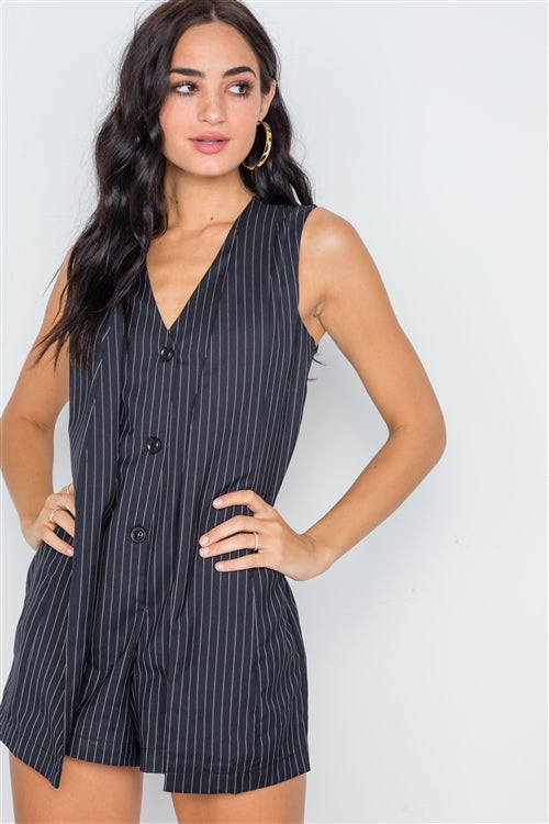 Stripe Pattern Romper | Button Down Sleeveless Romper