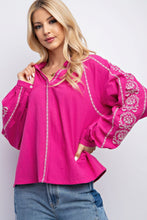 Load image into Gallery viewer, Pink Embroidered Top | Linen Gauze Blouse
