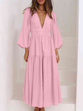 Load image into Gallery viewer, Womens Maxi Dress-Deep V-Neck Balloon Sleeve Plain Maxi Dress
